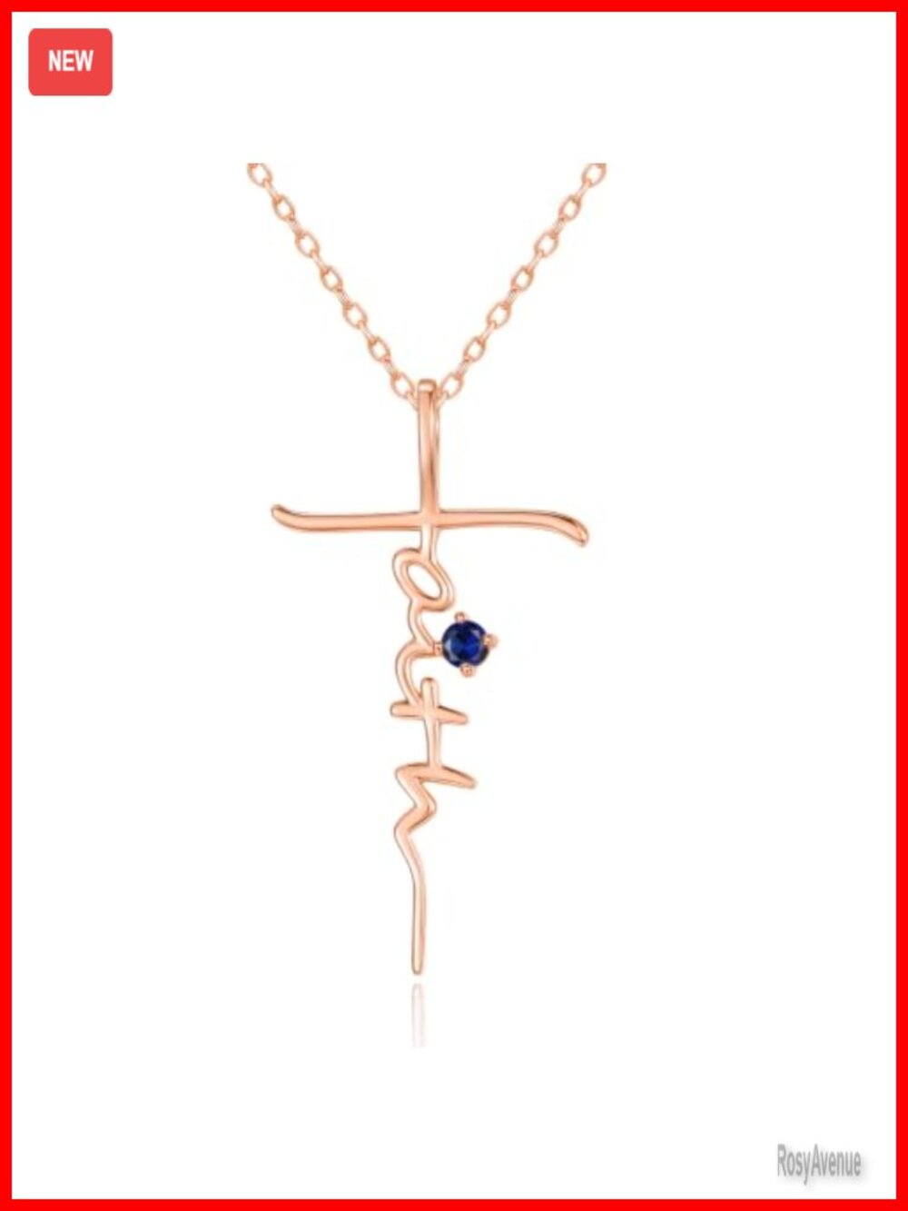 Rose Gold Plated Faith Cross Pendant Necklace Sapphire Christian Jewelry
